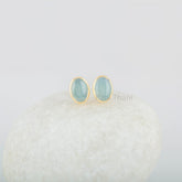 Aqua Chalcedony Stud 925 Pure Silver Gold Plated Handmade Earrings - 10x12 mm Oval - Casual Studs - Gift For Women - Handcrafted Masterpiece